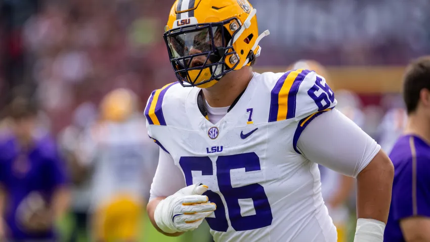 Sep 14, 2024; Columbia, South Carolina, USA; LSU Tigers offensive tackle Will Campbell (66) warms up before a game against the South Carolina Gamecocks at Williams-Brice Stadium. Mandatory Credit: Scott Kinser-Imagn Images