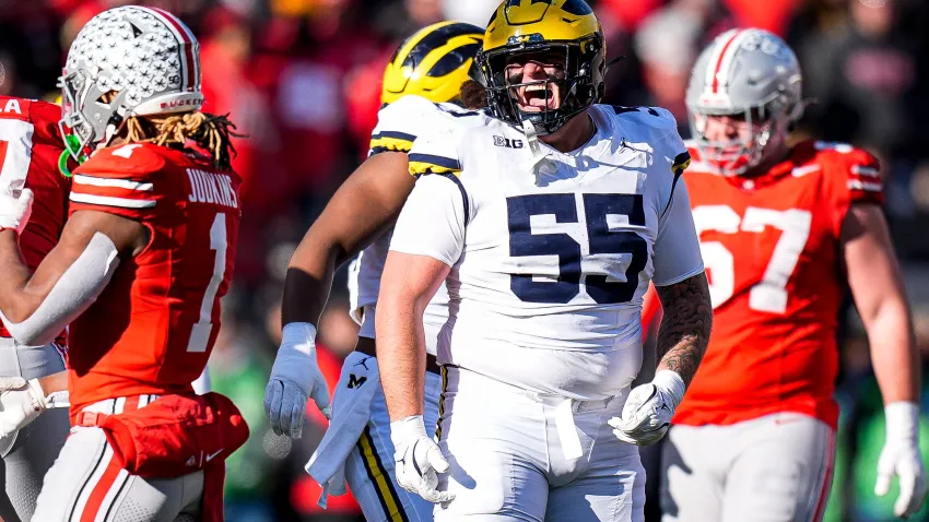 Michigan defensive lineman Mason Graham (55) celebrates a play against Ohio State during the second half at Ohio Stadium in Columbus, Ohio on Saturday, Nov. 30, 2024.