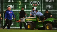 PITTSBURGH, PENNSYLVANIA – APRIL 30: A fan is carted off the field after falling from the stands during the seventh inning of the game between the Chicago Cubs and the Pittsburgh Pirates at PNC Park on April 30, 2025 in Pittsburgh, Pennsylvania. (Photo by Joe Sargent/Getty Images)