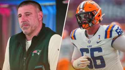 Patriots head coach Mike Vrabel and LSU offensive tackle Will Campbell