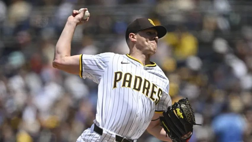 Apr 16, 2025; San Diego, California, USA; San Diego Padres starting pitcher Nick Pivetta (27) delivers during the second inning against the Chicago Cubs at Petco Park. Mandatory Credit: Denis Poroy-Imagn Images