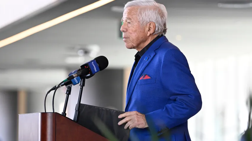 Mar 13, 2025; Foxborough, MA, USA; New England Patriots owner Robert Kraft discusses the teams recent free agent additions with the media at Gillette Stadium. Mandatory Credit: Eric Canha-Imagn Images