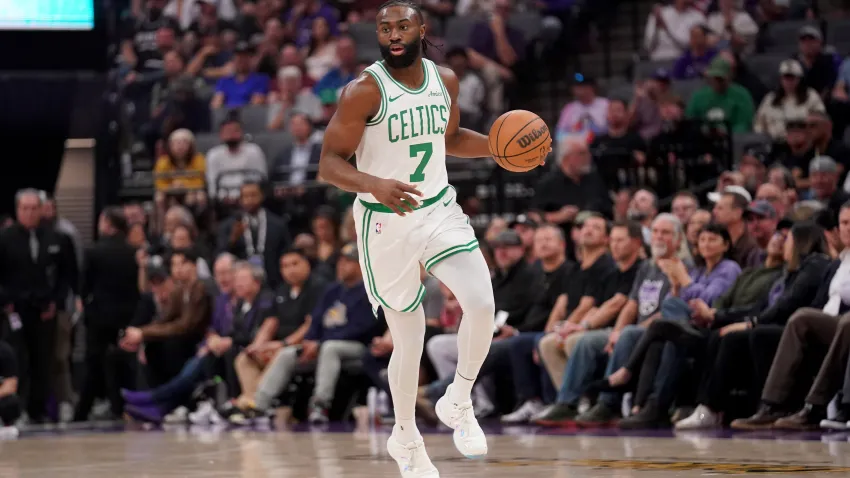 Mar 24, 2025; Sacramento, California, USA; Boston Celtics forward Jaylen Brown (7) dribbles the ball against the Sacramento Kings in the first quarter at the Golden 1 Center. Mandatory Credit: Cary Edmondson-Imagn Images