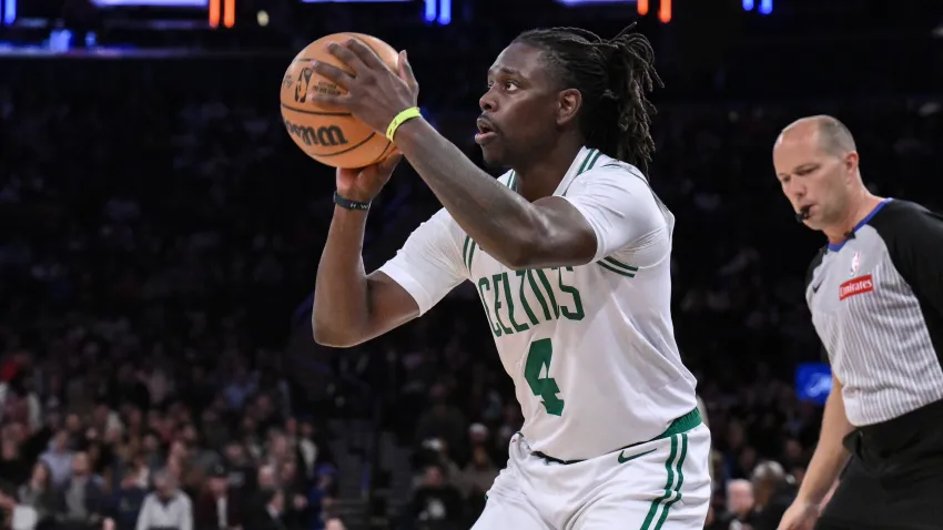 Apr 8, 2025; New York, New York, USA; Boston Celtics guard Jrue Holiday (4) shoots the ball during the second half against the New York Knicks at Madison Square Garden. Mandatory Credit: John Jones-Imagn Images