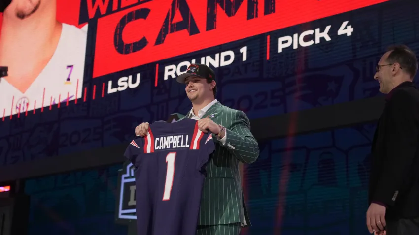 Offensive Tackle Will Campbell of LSU poses after he is selected by the New England Patriots as the number four pick in the first round of the 2025 NFL Draft at Lambeau Field.