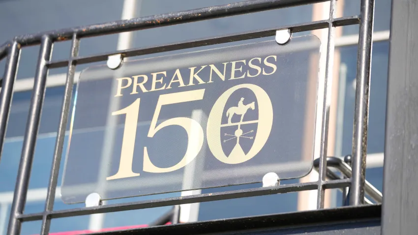 A general view of the signage representing the 150 running of the Preakness Stakes