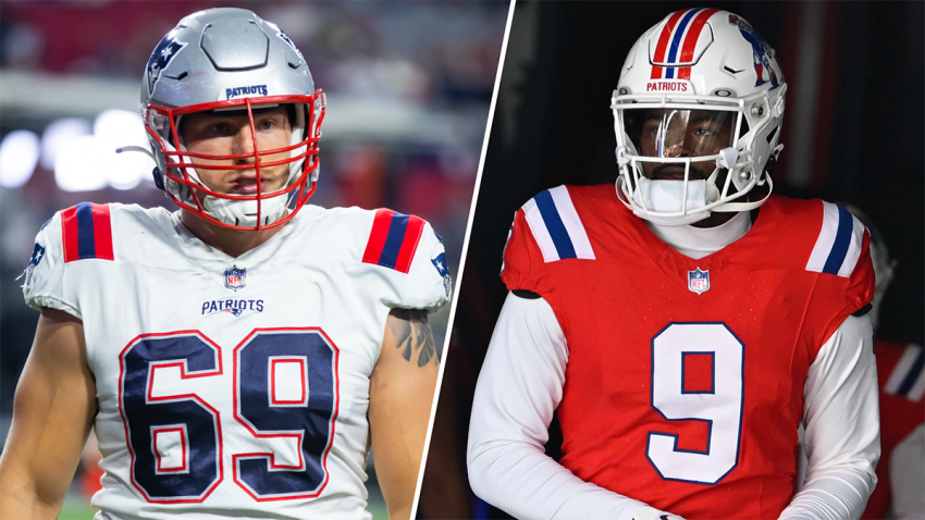 Patriots offensive guard Cole Strange and wide receiver Kayshon Boutte