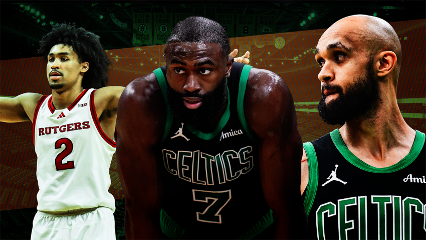 Rutgers guard Dylan Harper, Celtics wing Jaylen Brown and Celtics guard Derrick White