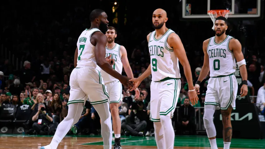 BOSTON, MA – MAY 5: Jaylen Brown #7 and Derrick White #9 of the Boston Celtics high five during the game against the New York Knicks during Round Two Game One of the 2025 NBA Playoffs on May 5, 2025 at TD Garden in Boston, Massachusetts. NOTE TO USER: User expressly acknowledges and agrees that, by downloading and/or using this Photograph, user is consenting to the terms and conditions of the Getty Images License Agreement. Mandatory Copyright Notice: Copyright 2025 NBAE(Photo by Brian Babineau/NBAE via Getty Images)