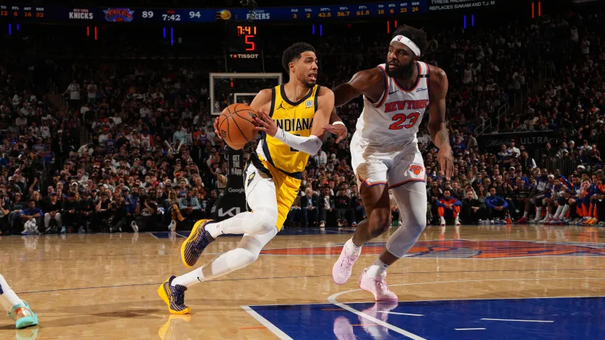 NEW YORK, NY – MAY 23: Tyrese Haliburton #0 of the Indiana Pacers drives to the basket during the game against the New York Knicks during Game 2 of the 2025 Eastern Conference Finals on May 23, 2025 at Madison Square Garden in New York City, New York.  NOTE TO USER: User expressly acknowledges and agrees that, by downloading and or using this photograph, User is consenting to the terms and conditions of the Getty Images License Agreement. Mandatory Copyright Notice: Copyright 2025 NBAE