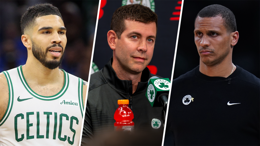 Celtics forward Jayson Tatum, president of basketball operations Brad Stevens and head coach Joe Mazzulla