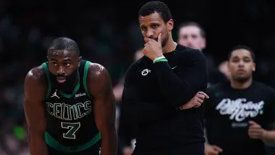 Celtics wing Jaylen Brown and head coach Joe Mazzulla