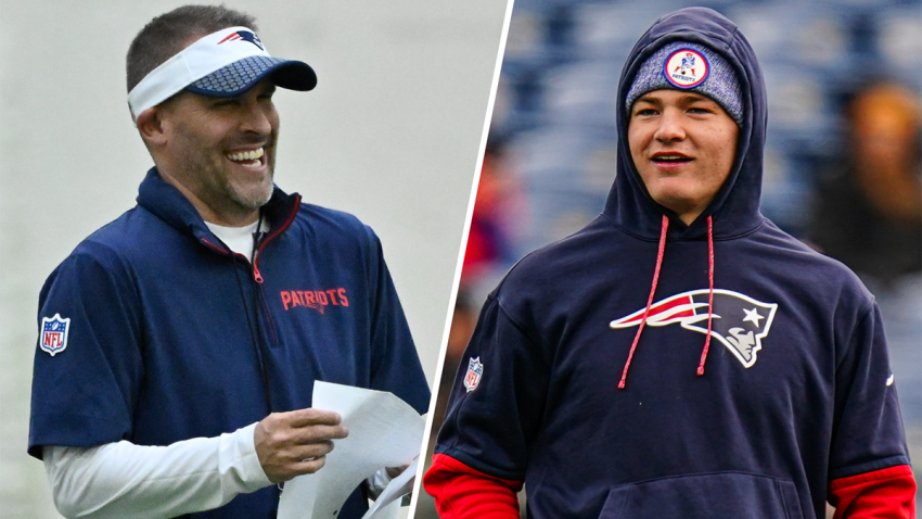 Patriots offensive coordinator Josh McDaniels and quarterback Drake Maye