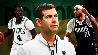 Celtics guard Jrue Holiday, Celtics president of basketball operations Brad Stevens and Mavs big man Daniel Gafford