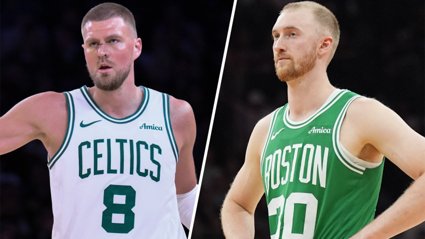 Celtics big man Kristaps Porzingis and forward Sam Hauser