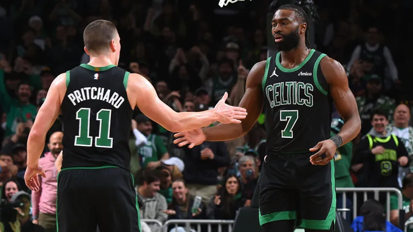 BOSTON, MA – DECEMBER 27: Jaylen Brown #7 of the Boston Celtics high fives Payton Pritchard #11 during the game against the Indiana Pacers on December 27, 2024 at the TD Garden in Boston, Massachusetts. NOTE TO USER: User expressly acknowledges and agrees that, by downloading and or using this photograph, User is consenting to the terms and conditions of the Getty Images License Agreement. Mandatory Copyright Notice: Copyright 2024 NBAE(Photo by Brian Babineau/NBAE via Getty Images)