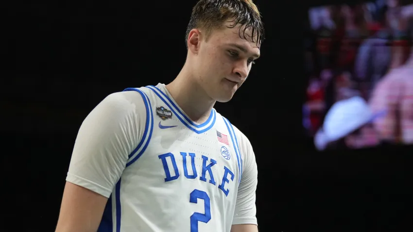 Apr 5, 2025; San Antonio, TX, USA; Duke Blue Devils forward Cooper Flagg (2) walks off the court after losing to the Houston Cougars in the semifinals of the men’s Final Four of the 2025 NCAA Tournament at the Alamodome. Mandatory Credit: Robert Deutsch-Imagn Images