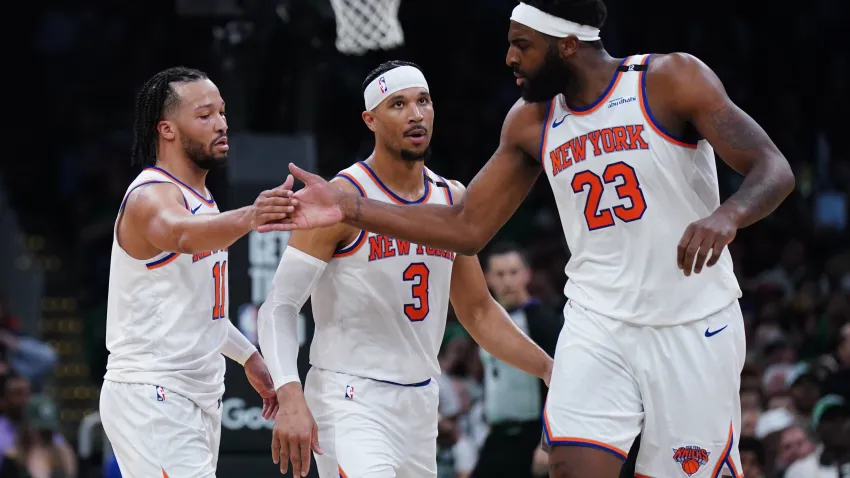 May 7, 2025; Boston, Massachusetts, USA; New York Knicks guard Jalen Brunson (11) and center Mitchell Robinson (23) react after a play against the Boston Celtics in the second half during game two of the second round for the 2025 NBA Playoffs at TD Garden. Mandatory Credit: David Butler II-Imagn Images