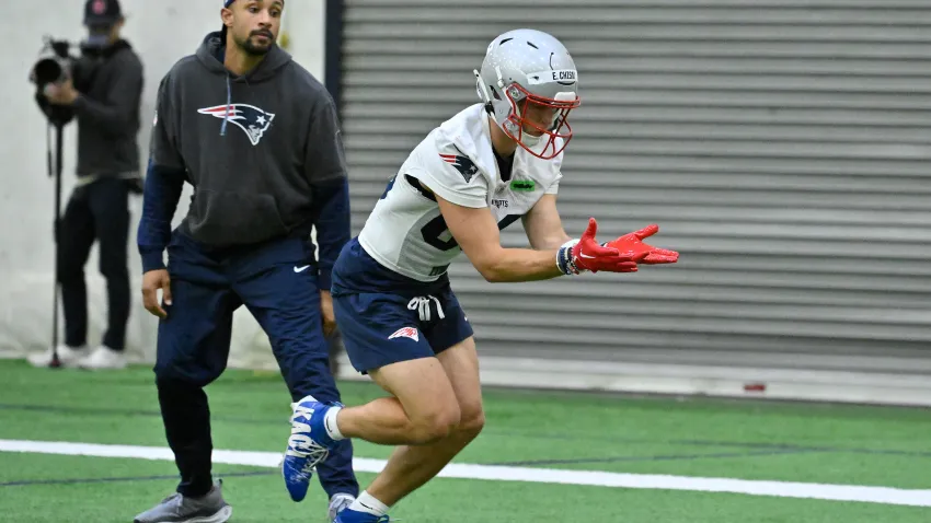 May 9, 2025; Foxborough, MA, USA; New England Patriots wide receiver Efton Chism III (86) practices during rookie camp at Gillette Stadium. Mandatory Credit: Eric Canha-Imagn Images