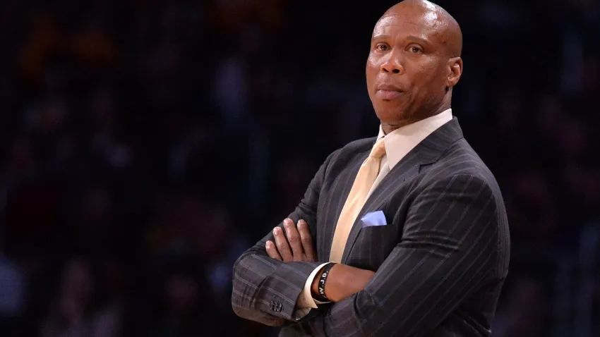 Then-Los Angeles Lakers head coach Byron Scott reacts during an NBA game against the Sacramento Kings at Staples Center.