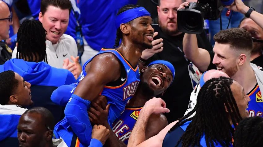 Shai Gilgeous-Alexandeer celebrates after NBA Finals win