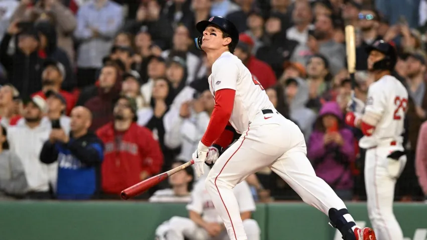 Jun 9, 2025; Boston, Massachusetts, USA; Boston Red Sox right fielder Roman Anthony (48) hits a fly out to left field during the second inning of a game against the Tampa Bay Rays at Fenway Park. Mandatory Credit: Brian Fluharty-Imagn Images