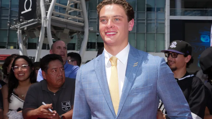 Jun 27, 2025; Los Angeles, California, USA; James Hagens arrives to the first round of the 2025 NHL Draft at Peacock Theater. Mandatory Credit: Kirby Lee-Imagn Images