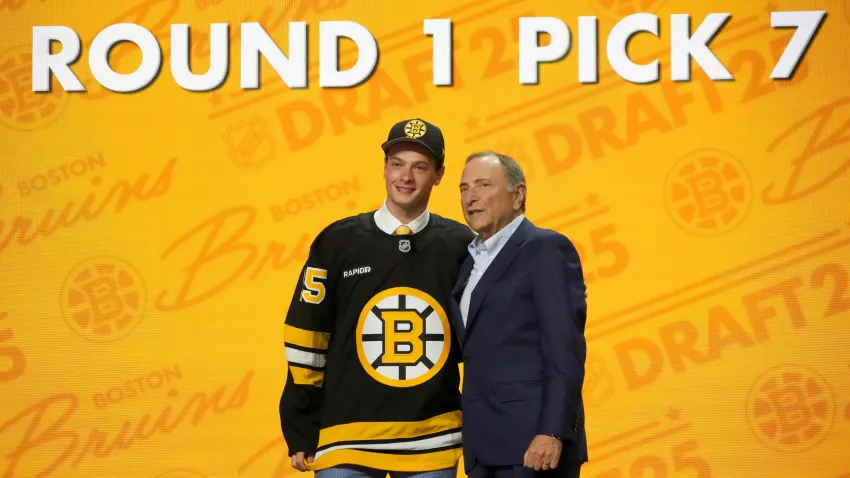Jun 27, 2025; Los Angeles, California, USA; James Hagens is selected as the seventh overall pick to the Boston Bruins in the first round of the 2025 NHL Draft at Peacock Theater. Mandatory Credit: Kirby Lee-Imagn Images