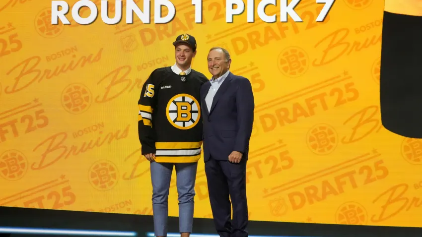 Jun 27, 2025; Los Angeles, California, USA; James Hagens is selected as the seventh overall pick to the Boston Bruins in the first round of the 2025 NHL Draft at Peacock Theater. Mandatory Credit: Kirby Lee-Imagn Images