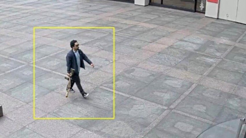 This image from surveillance video obtained by The Associated Press shows Shane Tamura outside a Manhattan office building on Monday, July 28, 2025 in New York.
