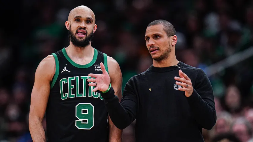 Celtics guard Derrick White and head coach Joe Mazulla