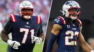 Patriots offensive guard Mike Onwenu and safety Kyle Dugger