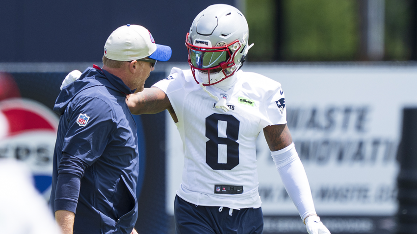 Patriots wide receivers coach Todd Downing and wide receiver Stefon Diggs