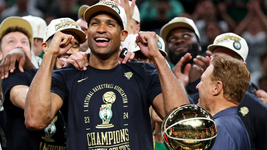 Jun 17, 2024; Boston, Massachusetts, USA; Boston Celtics center Al Horford (42) celebrates with the Larry O’Brien Trophy after beating the Dallas Mavericks in game five of the 2024 NBA Finals to win the NBA Championship at TD Garden. Mandatory Credit: Peter Casey-USA TODAY Sports