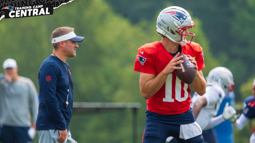Patriots quarterback Drake Maye and offensive coordinator Josh McDaniels