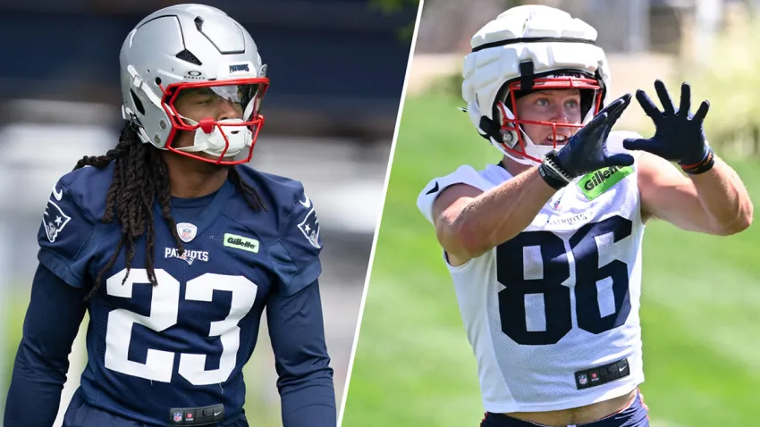 Patriots safety Kyle Dugger and wide receiver Efton Chism III