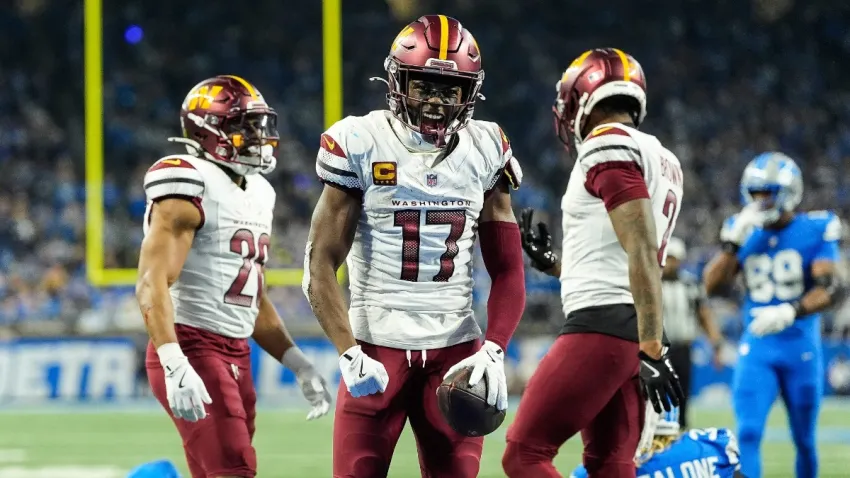 Washington Commanders wide receiver Terry McLaurin (17) celebrates a first down against Detroit Lions during the second half of the NFC divisional round at Ford Field in Detroit on Saturday, Jan. 18, 2025.