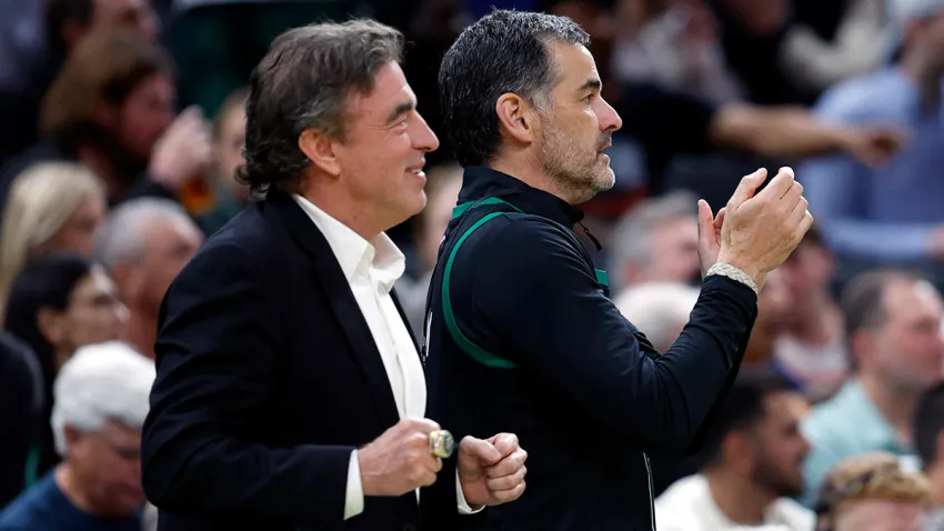 Boston, MA – May 14: New Boston Celtics owner William Chisholm, right, applauds with former owner and governor Wyc Grousbeck during the third quarter in game five of the NBA Eastern Conference semifinal against the New York Knicks at TD Garden. (Danielle Parhizkaran/The Boston Globe via Getty Images)