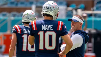 Patriots quarterback Drake Maye and offensive coordinator Josh McDaniels