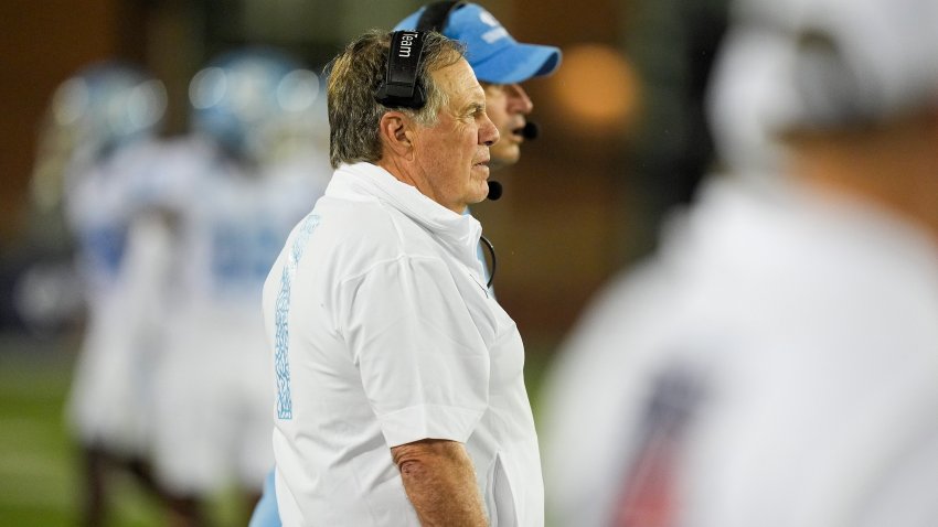 Sep 6, 2025; Charlotte, North Carolina, USA; North Carolina Tar Heels head coach Bill Belichic looks on at this team during the second half against the Charlotte 49ers at Jerry Richardson Stadium. Mandatory Credit: Jim Dedmon-Imagn Images