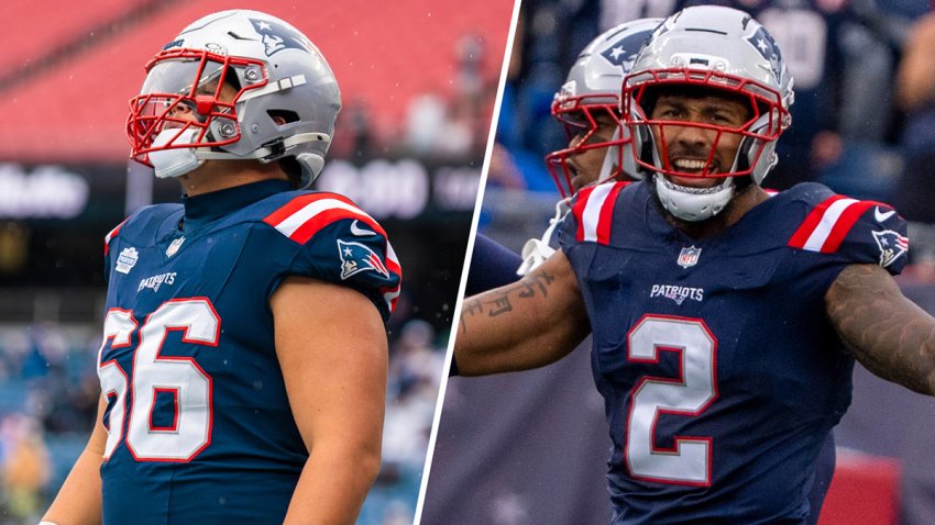 Patriots offensive tackle Will Campbell and outside linebacker Harold Landry