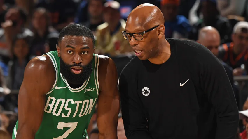 Celtics wing Jaylen Brown and assistant coach Sam Cassell