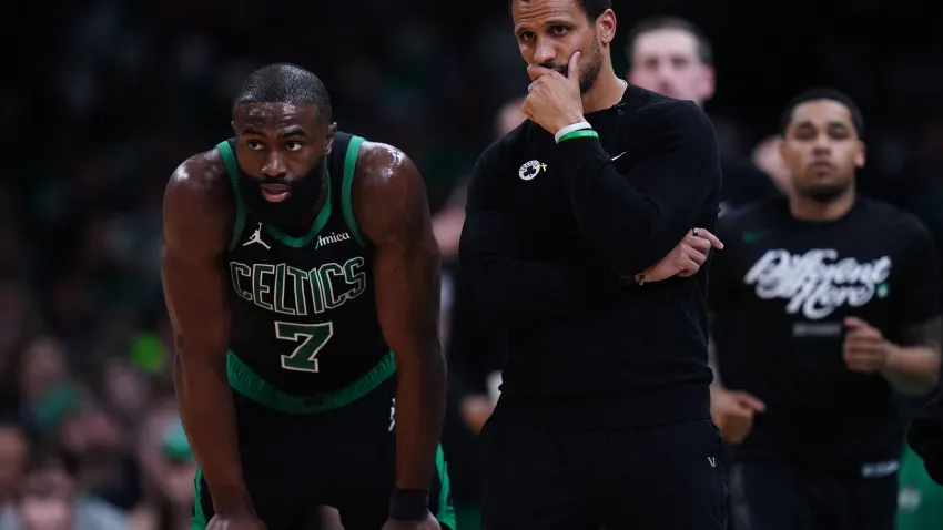 Apr 29, 2025; Boston, Massachusetts, USA; Boston Celtics head coach Joe Mazzulla talks with guard Jaylen Brown (7) from the sideline as they take on the Orlando Magic during game five of first round for the 2025 NBA Playoffs at TD Garden. Mandatory Credit: David Butler II-Imagn Images