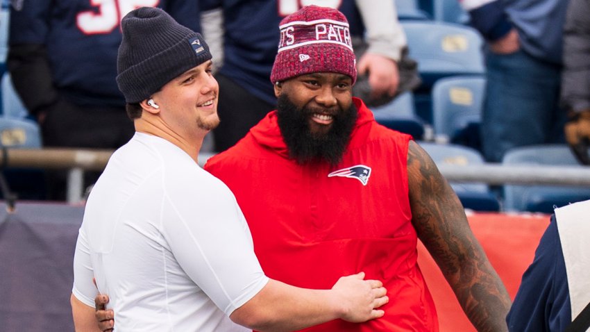 Patriots offensive linemen Will Campbell and Morgan Moses