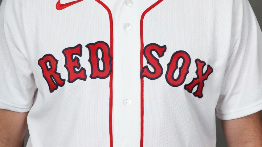A close-up of the 2026 Boston Red Sox jersey, seen during media day at JetBlue Park.