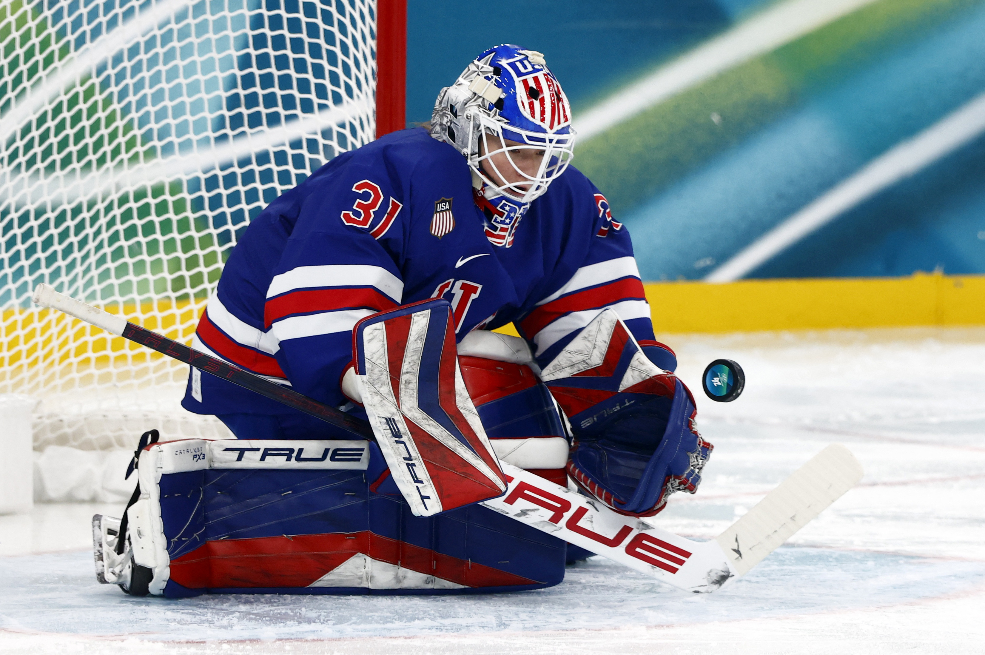 Aerin Frankel USA women's hockey goalie making a save at 2026 Olympics