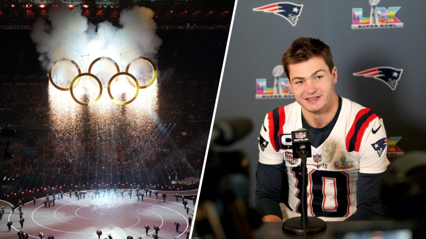 At left, the Olympic rings are seen suspended at the Opening Ceremony of the 2026 Milan Cortina Games. At right, New England Patriots quarterback speaks ahead of Super Bowl LX.