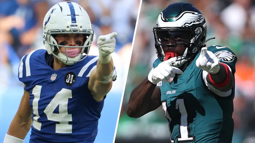 Colts wide receiver Alec Pierce and Eagles wide receiver A.J. Brown