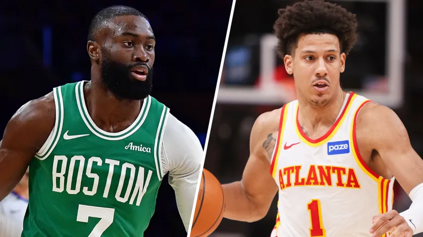 Celtics wing Jaylen Brown and Hawks forward Jalen Johnson