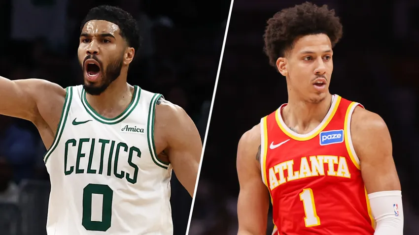 Celtics forward Jayson Tatum and Hawks forward Jalen Johnson
